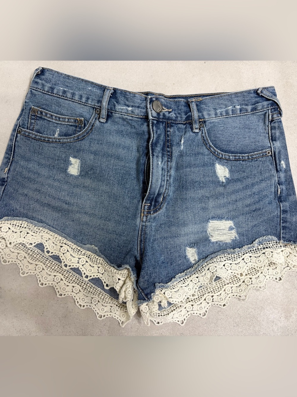 Free People Frayed Blue Denim Shorts with Cream Lace Hem - size 29